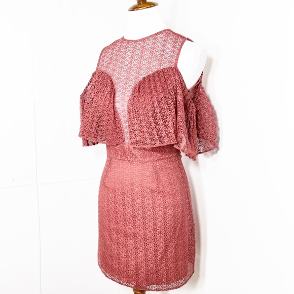 Keepsake Rose Pink Lace Sweetheart Plunge Ruffle Cold Shoulder Mini Pencil Dress - Picture 4 of 16